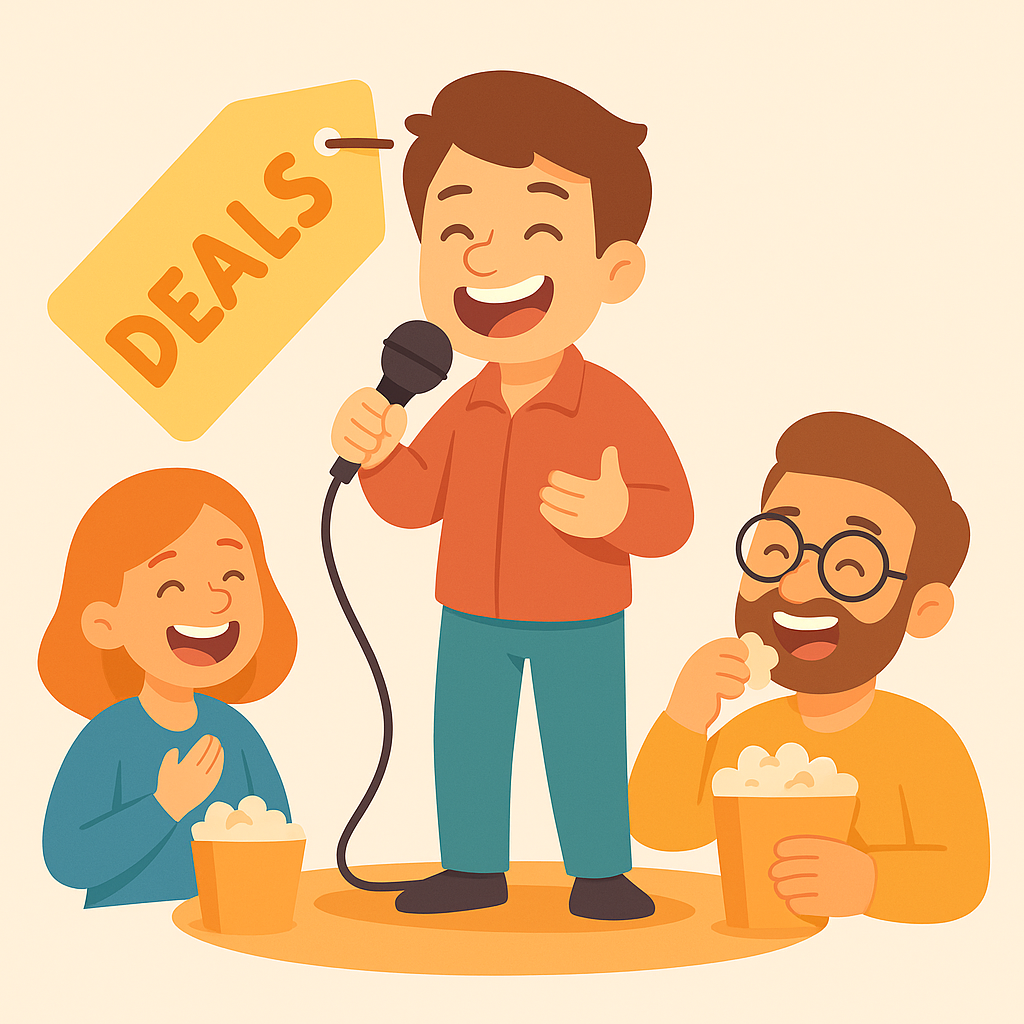 Flat vector illustration of a stand-up comedian roasting with audience enjoying popcorn and a deals tag